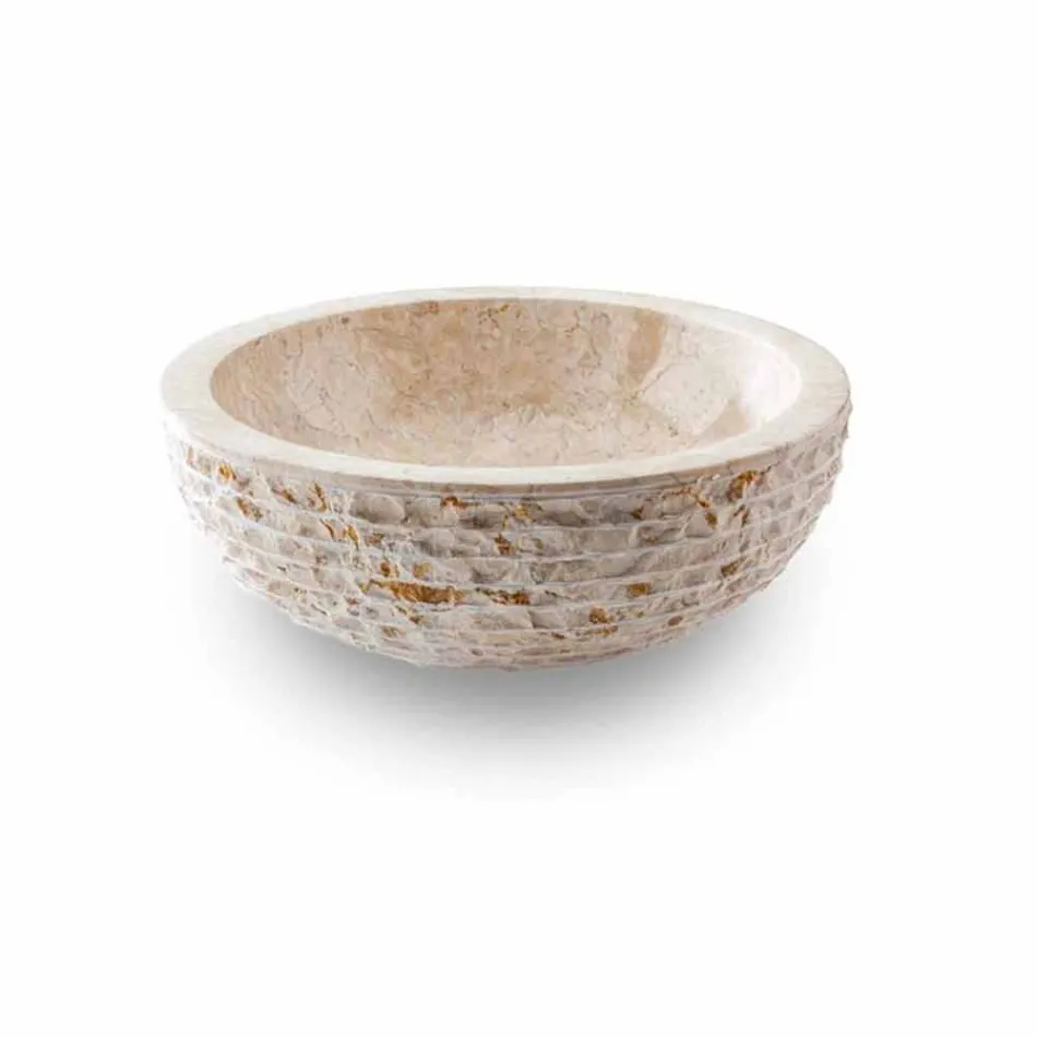 Lavatório Redondo de Bancada Feito à Mão em Mármore Branco - Linho Viadurini