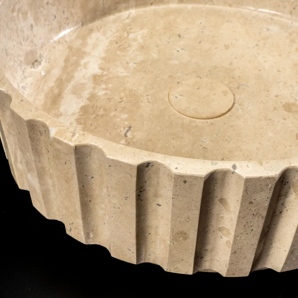 Lavatório de Bancada Redondo em Mármore Travertino - Cattleya Viadurini