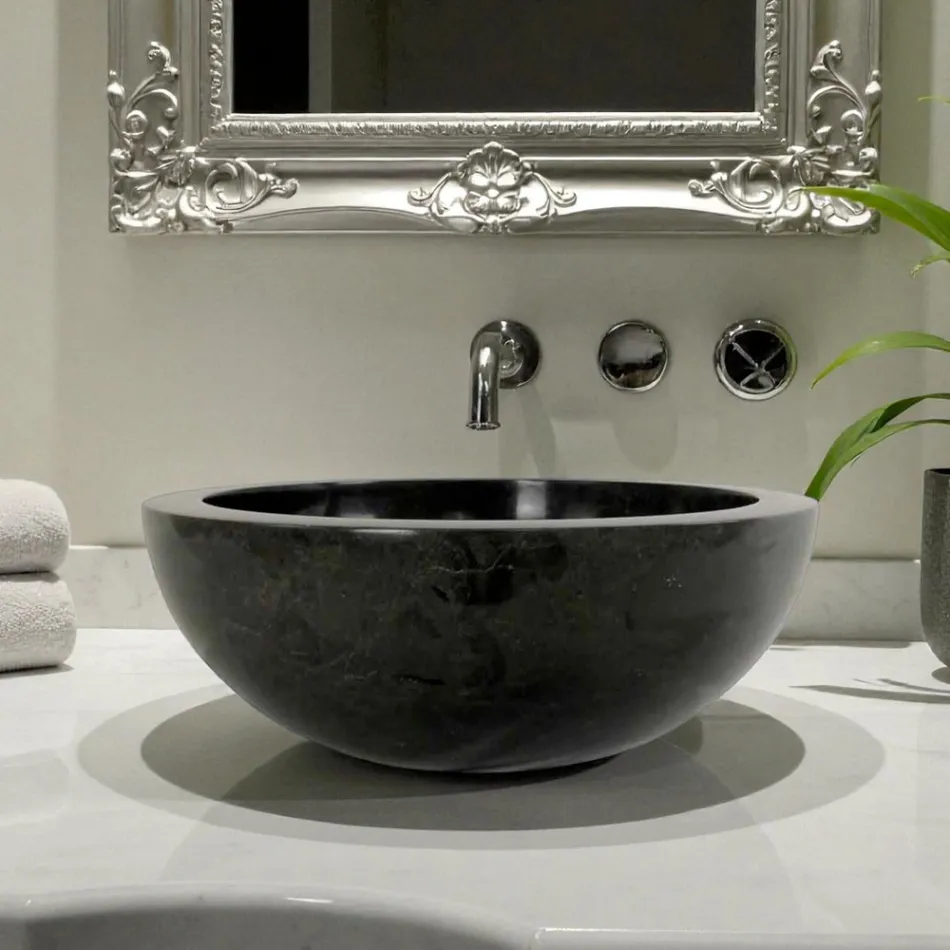 Lavatório preto redondo de bancada em pedra natural Levi, peça única Viadurini