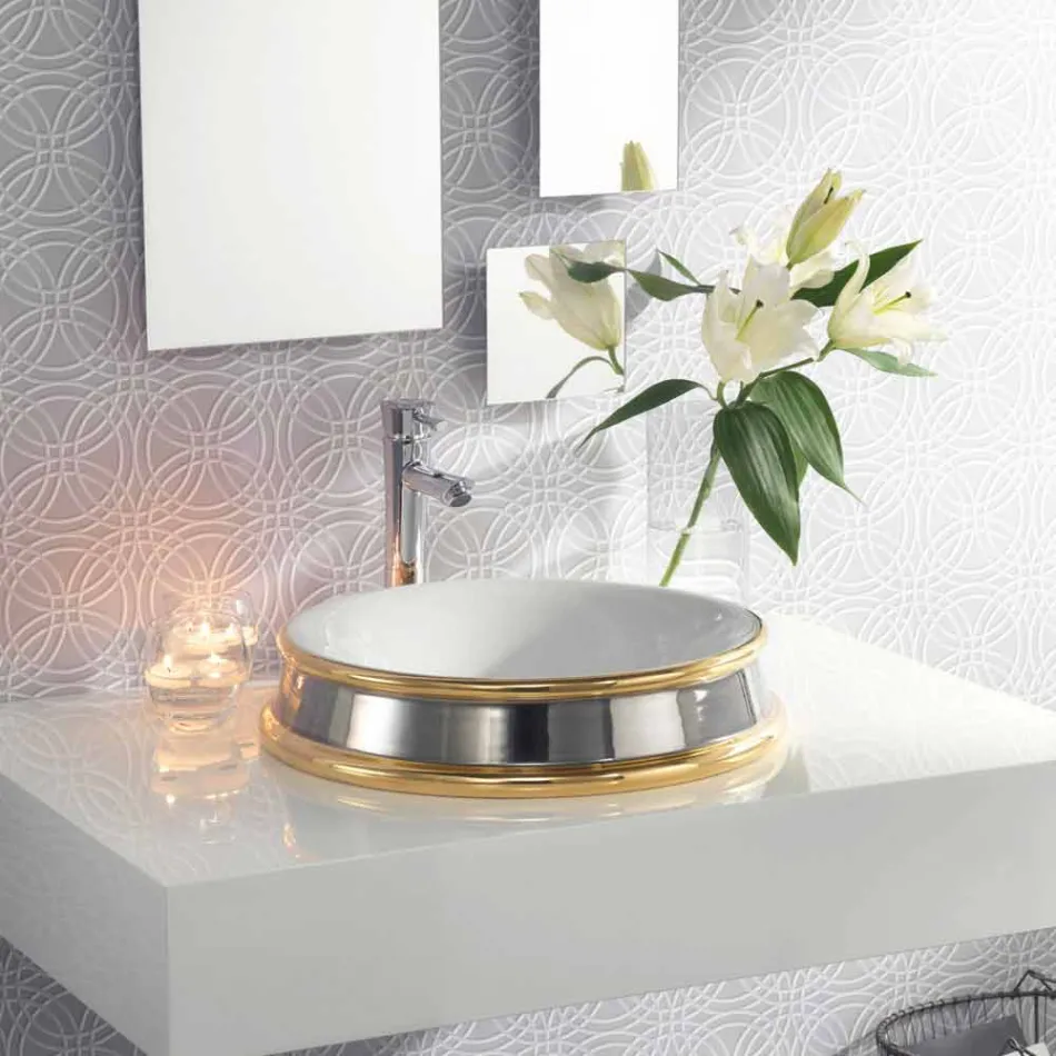 Projetar pia de banheiro semi-encastrada em argila de fogo feita na Itália, Manilo Viadurini