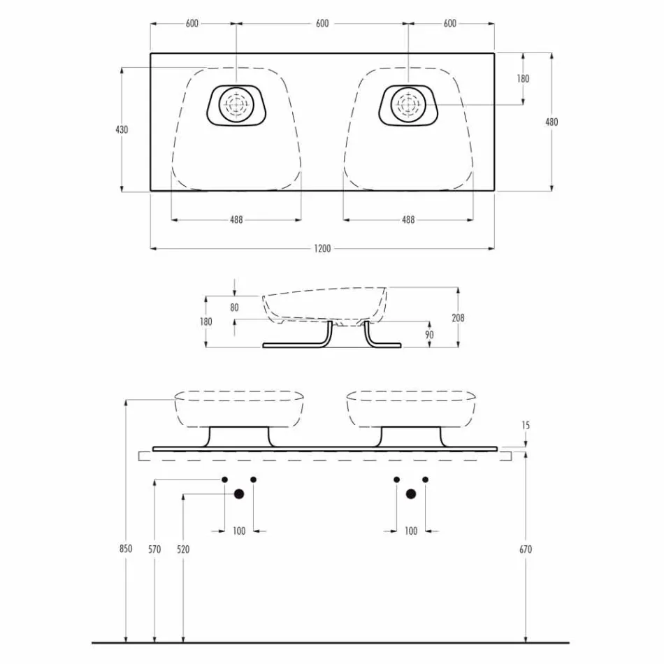 Lavatório moderno de parede dupla de cerâmica feito na Itália, Reale Viadurini
