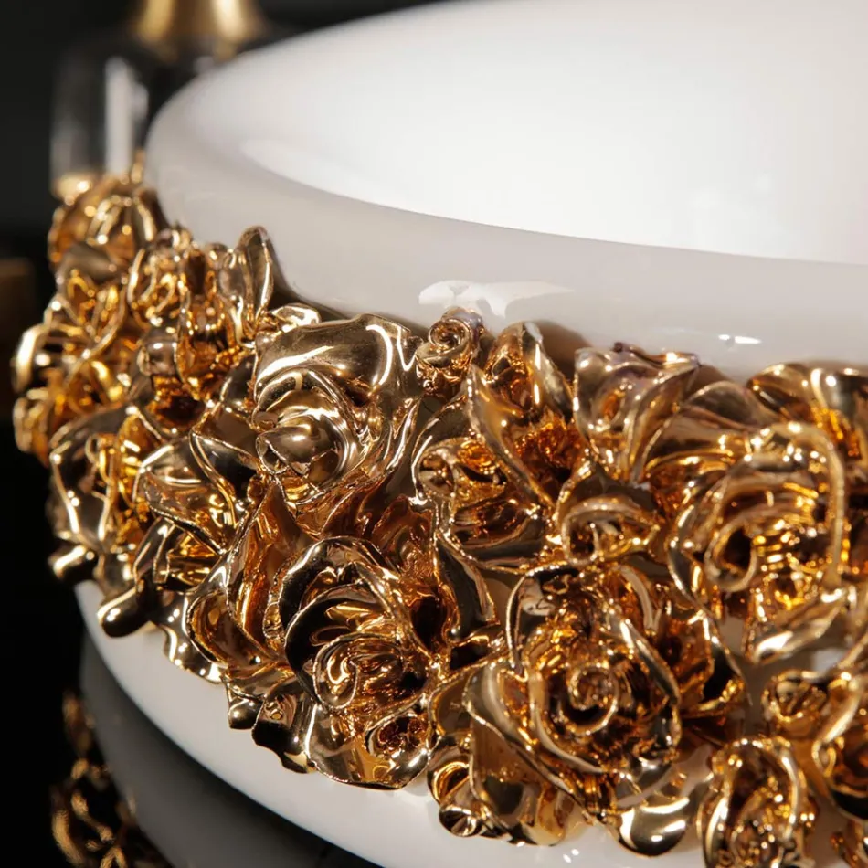 Lavatório de porcelana com pétalas aplicadas à mão Made in Italy - Amarone Viadurini