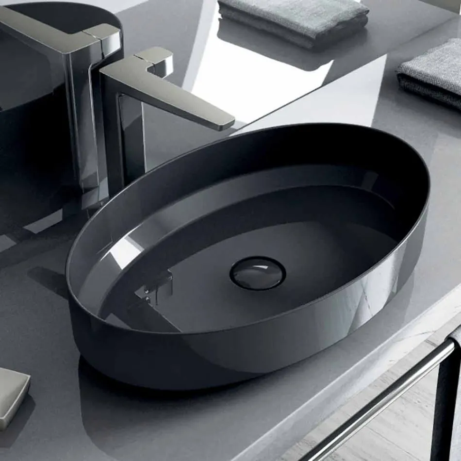 Lavatório de cerâmica de bancada oval feito na Itália, Yoel Viadurini