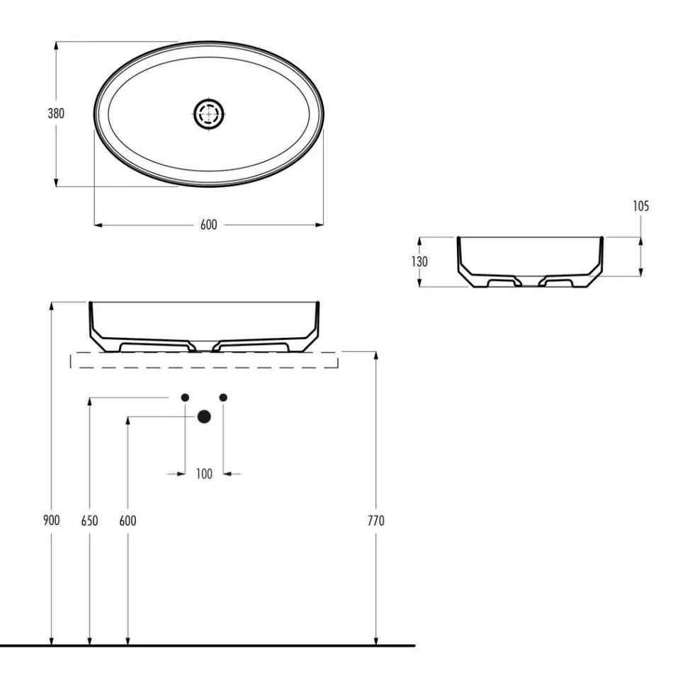 Lavatório de cerâmica de bancada oval feito na Itália, Yoel Viadurini