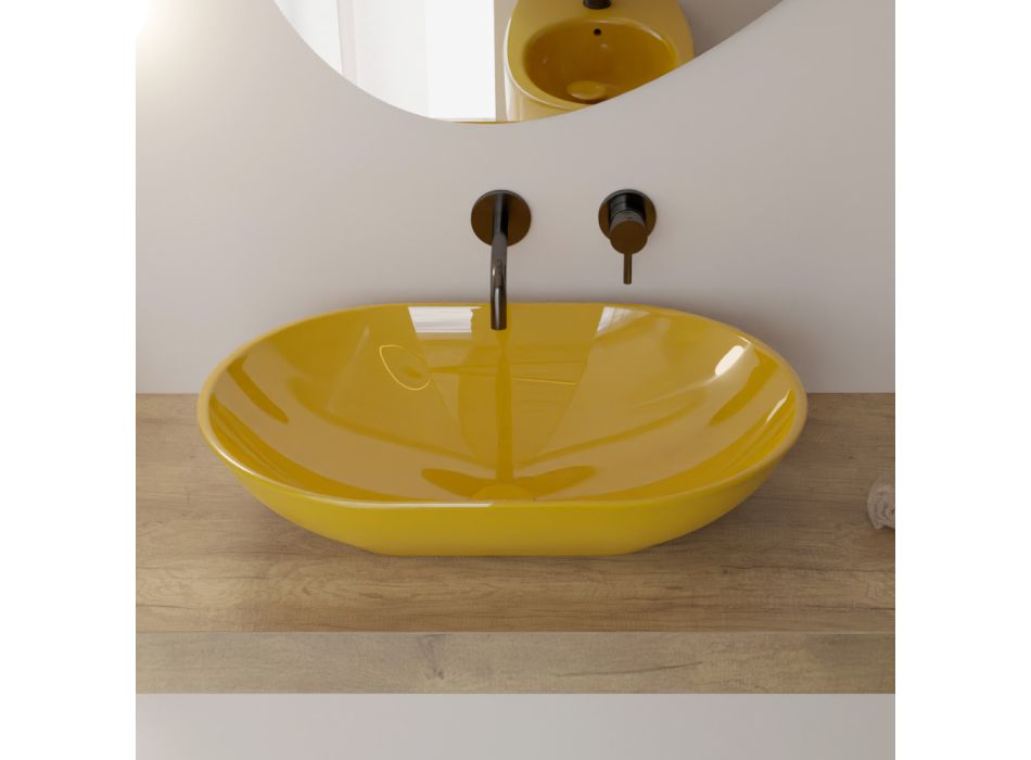 Lavatório de apoio oval em cerâmica brilhante L 58 cm Fabricado na Itália - Nelly Viadurini