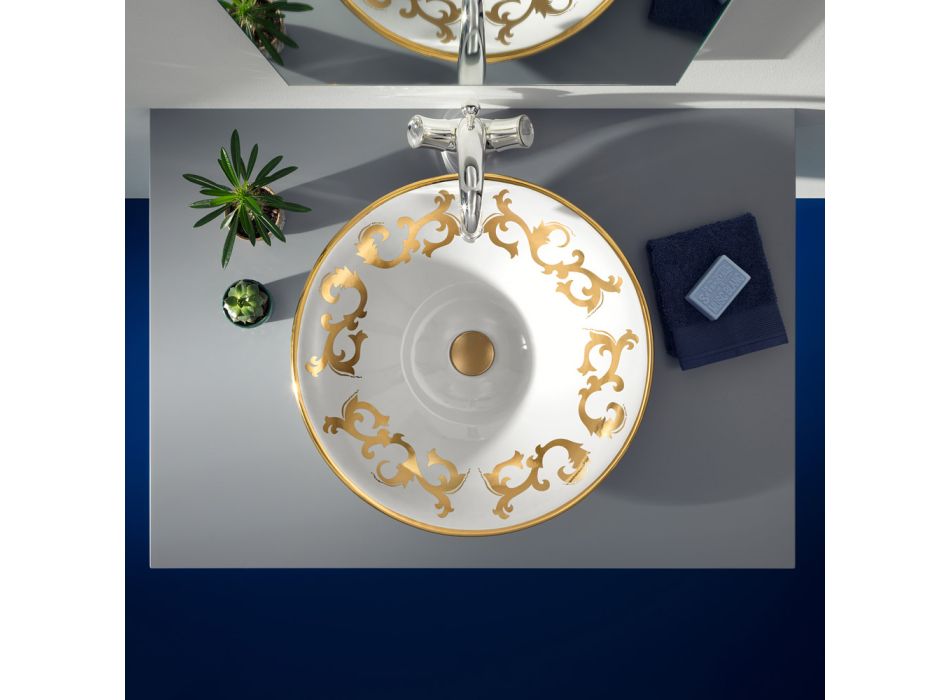 Lavatório semi-encastrado com decorações em Azul Cobalto e Ouro ou Ouro Made in Italy - Capatosta Viadurini