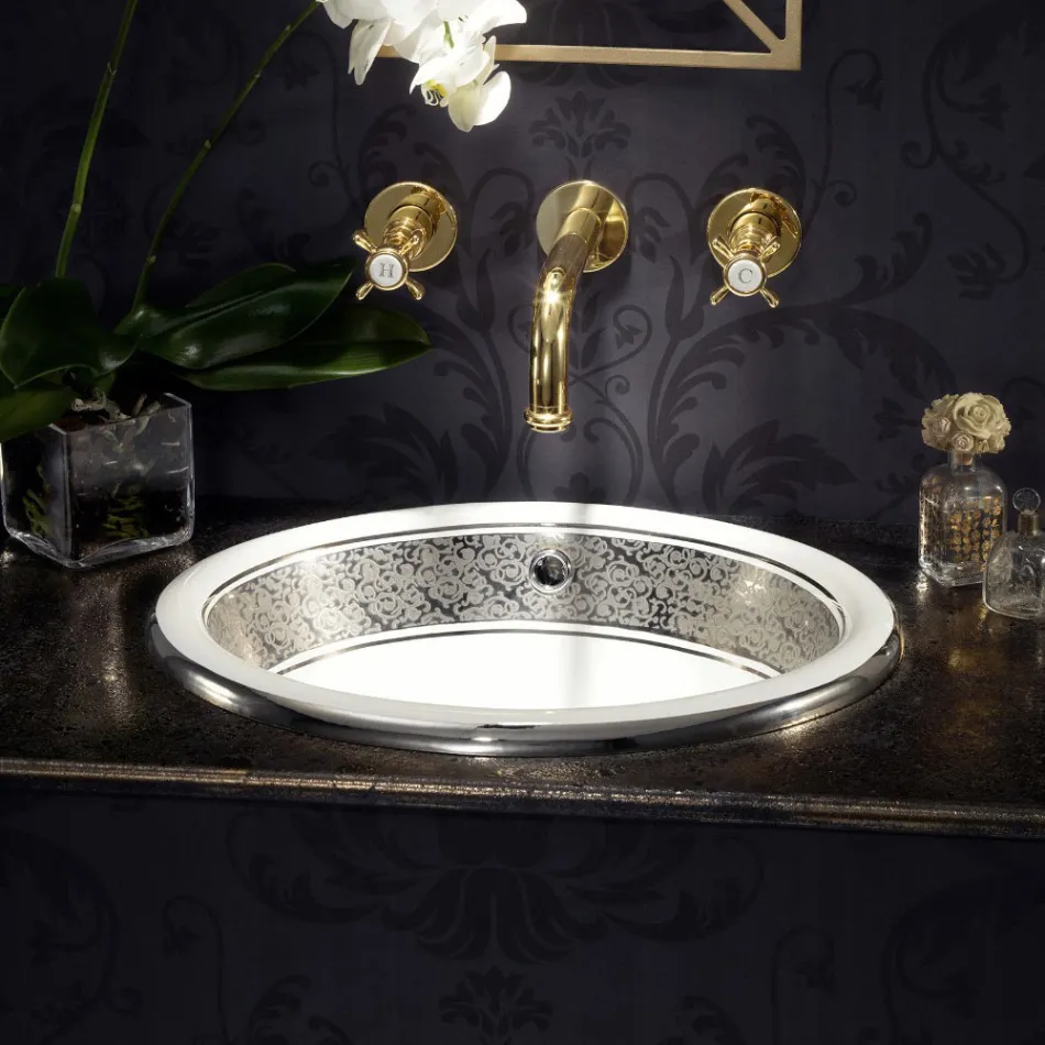 Lavatório semi-encastrado em Fire Clay com faixa em diversos acabamentos - Botticino Viadurini