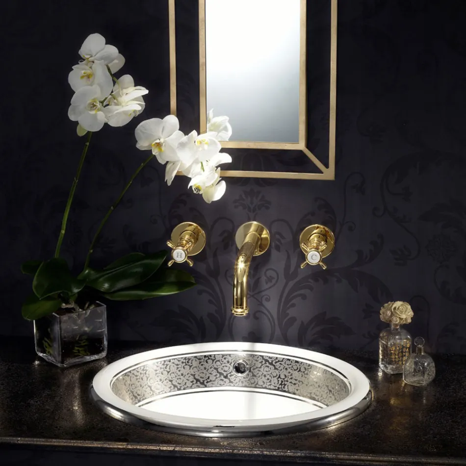 Lavatório semi-encastrado em Fire Clay com faixa em diversos acabamentos - Botticino Viadurini