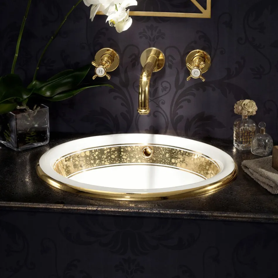 Lavatório semi-encastrado em Fire Clay com faixa em diversos acabamentos - Botticino Viadurini