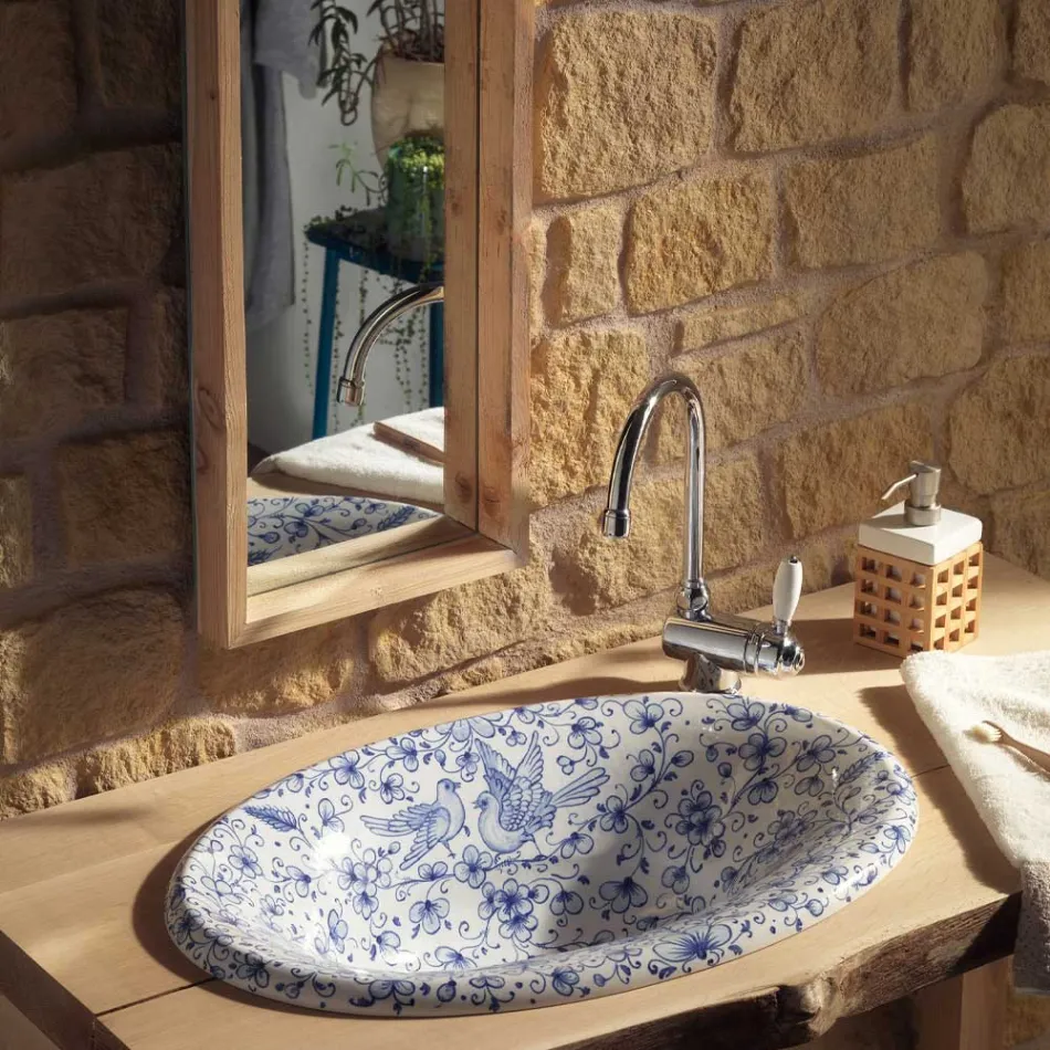Lavatório semi-encastrado em argila refratária pintada à mão Made in Italy - Principe Viadurini