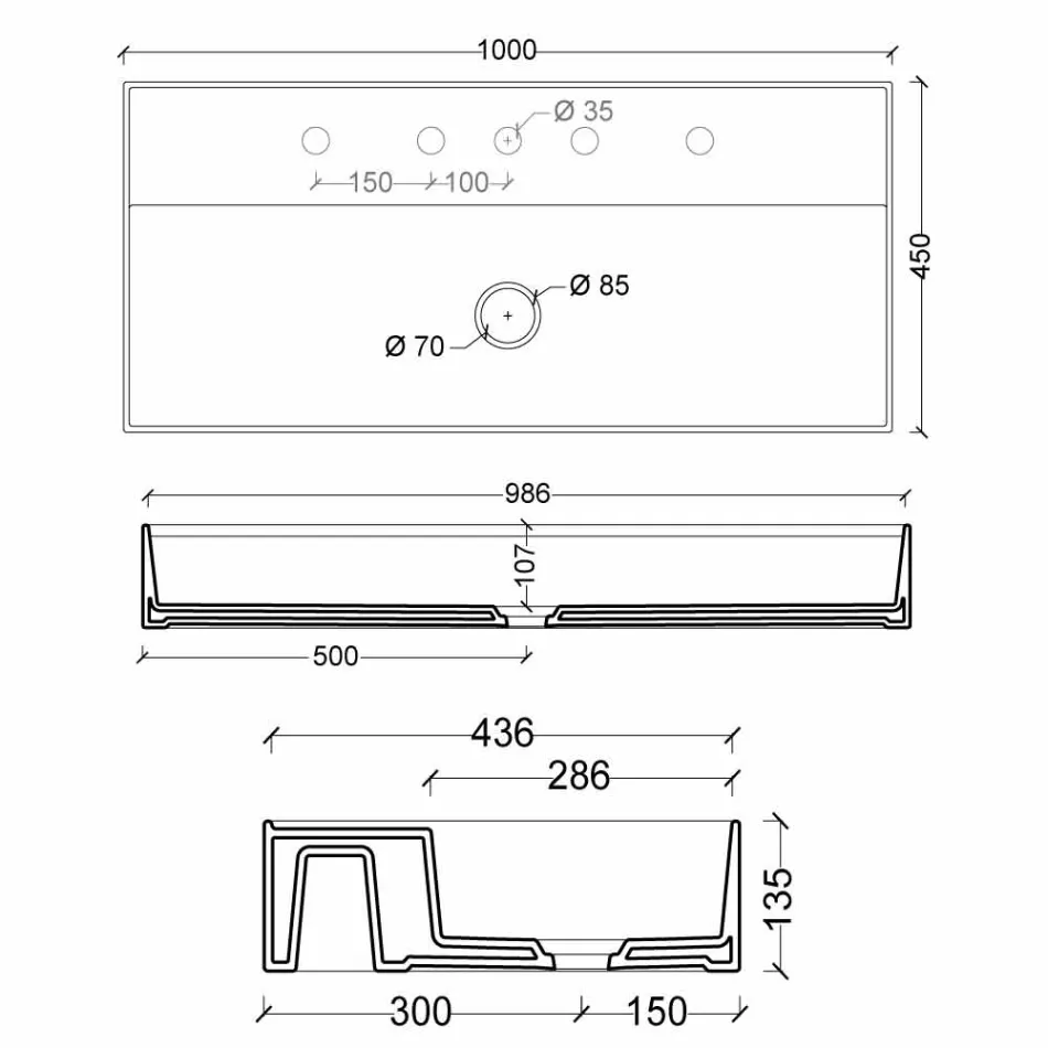 Design moderno suspenso cerâmica lavatório Sun 100x45 cm made in Italy Viadurini
