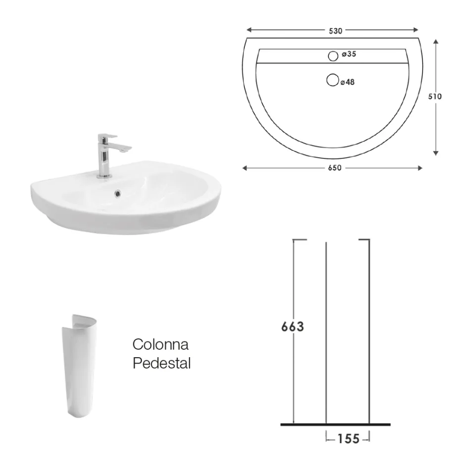 Lavatório de pedestal em cerâmica branca com design moderno e elegante - Sílica Viadurini