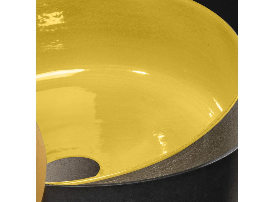 Lavatório de bancada redondo amarelo em argila vitrificada Made in Italy - Tatiana Viadurini