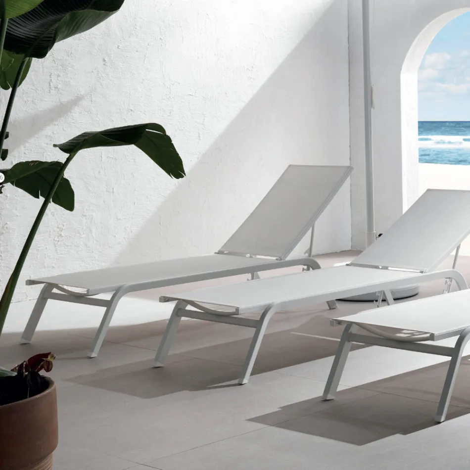 Espreguiçadeira Exterior em Alumínio e Têxtil com Rodas Retrácteis, 2 Peças - Burro Viadurini