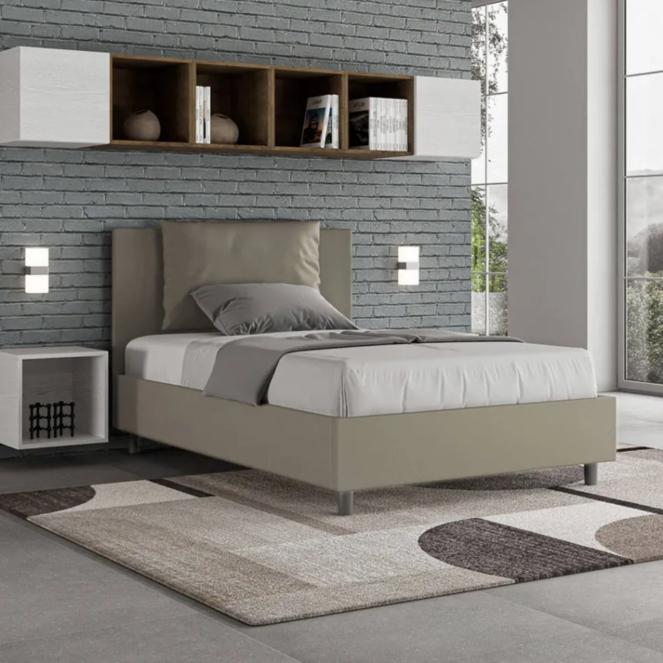 Cama de 120x200 cm com cabeceira e almofadas em couro sintético, fabricada na Itália - Olimpiadi Viadurini