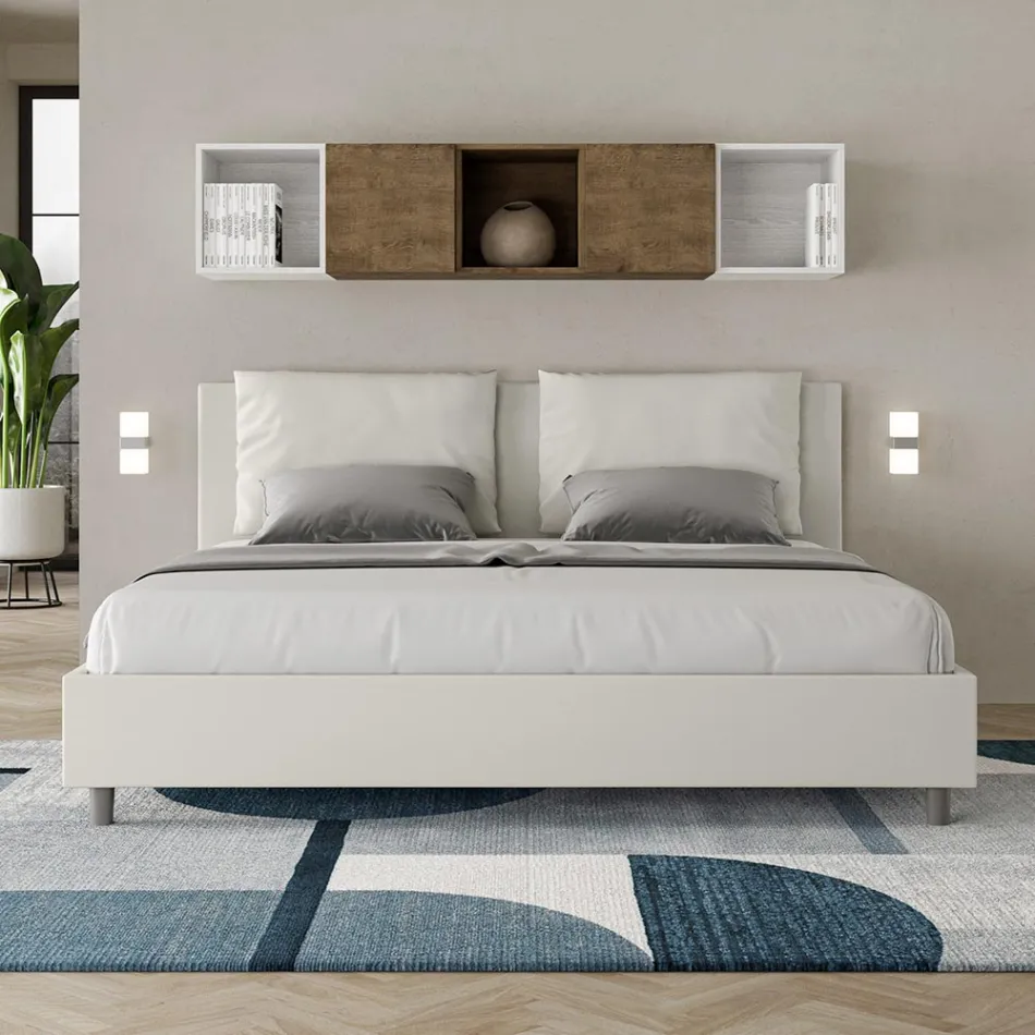 Cama de 200x200 cm com cabeceira e almofadas em couro sintético, fabricada na Itália - Olimpiadi Viadurini