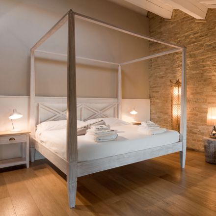 Cama de casal 160x200 com dossel em madeira maciça de teca - Aquarela Viadurini