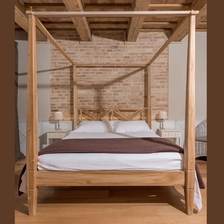 Cama de casal 180x200 com dossel em madeira maciça de teca - Tempera Viadurini