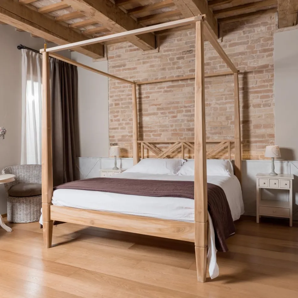 Cama de casal 180x200 com dossel em madeira maciça de teca - Tempera Viadurini