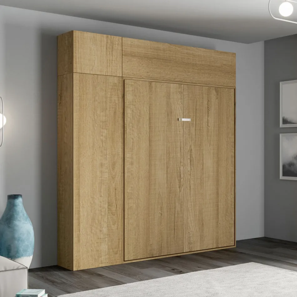 Cama de casal dobrável vertical com armário de parede e coluna - Magicompare Viadurini