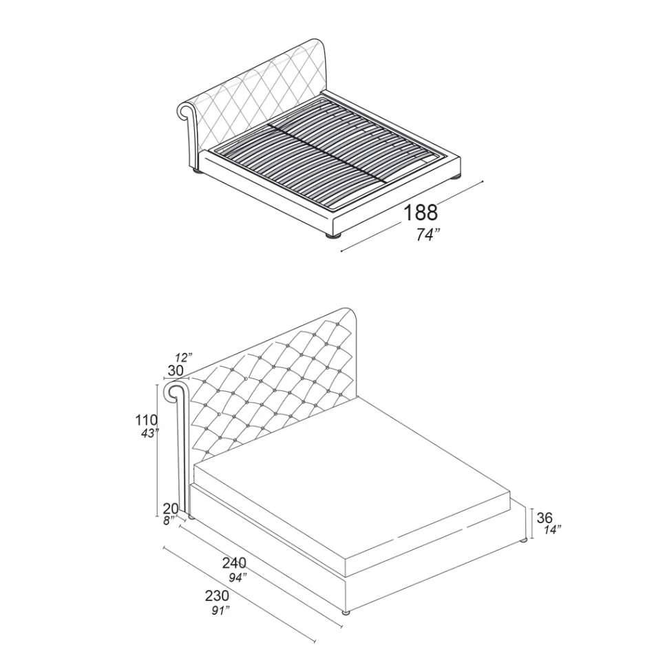 Cama de casal com estofamento capitonné e pés de madeira - Briosco Viadurini
