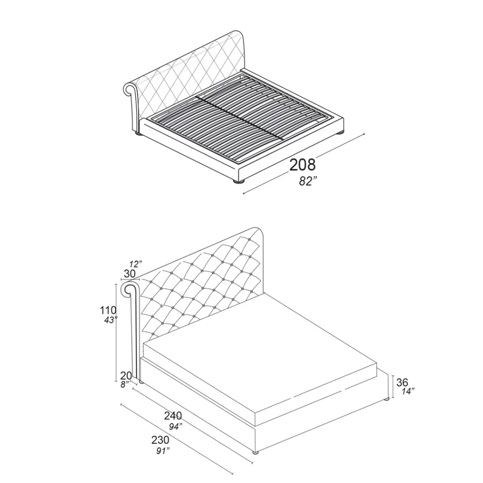 Cama de casal com estofamento capitonné e pés de madeira - Briosco Viadurini