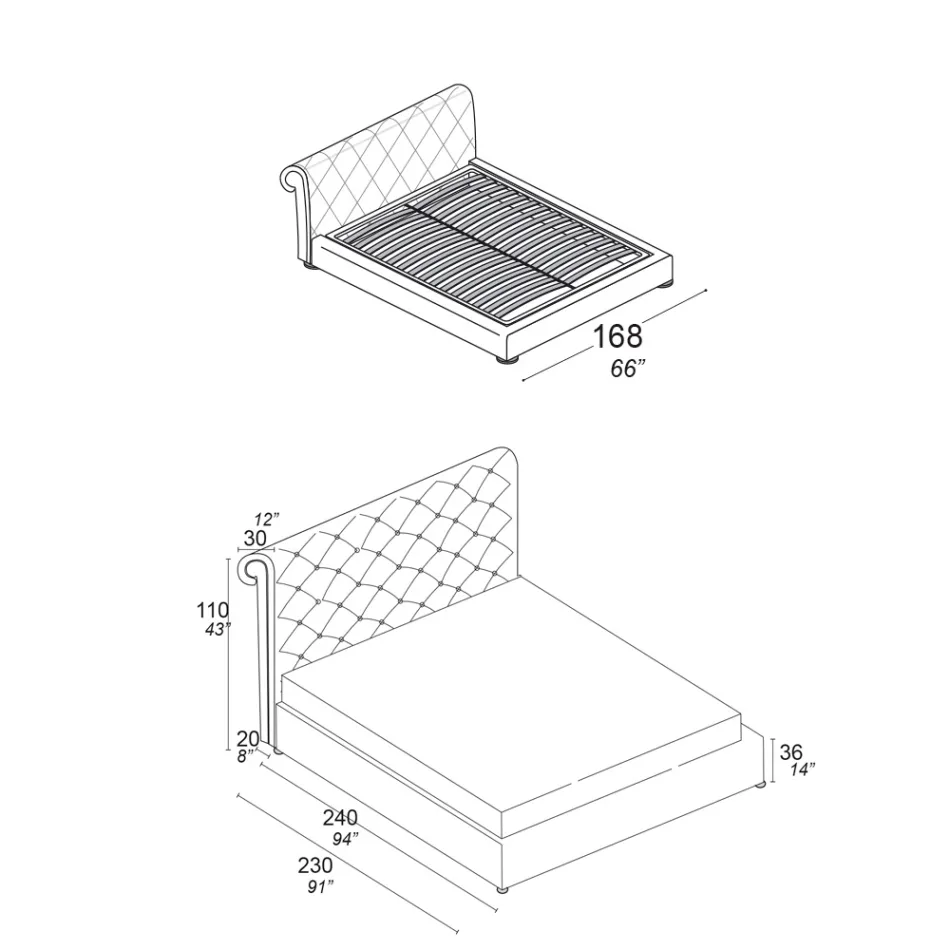 Cama de casal com estofamento capitonné e pés de madeira - Briosco Viadurini