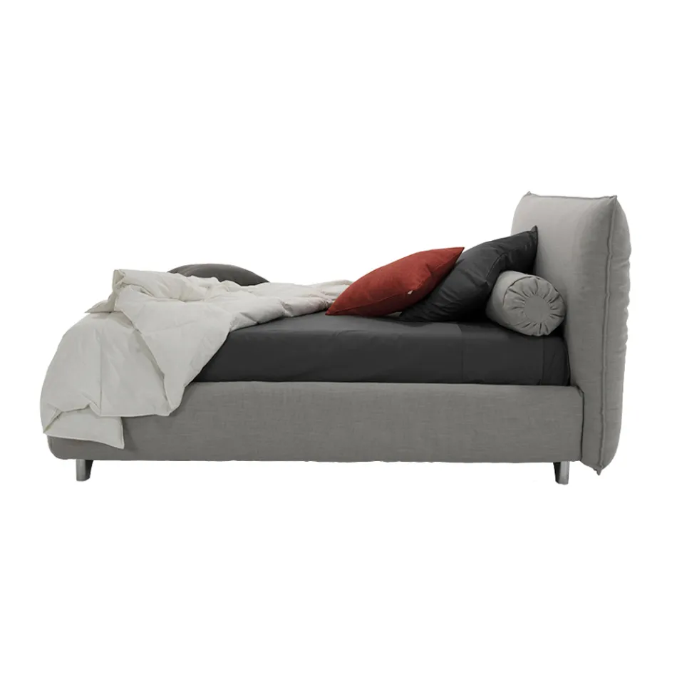 Cama de casal estofada com caixa, tecido ou couro ecológico Fabricado na Itália - Lardino Viadurini