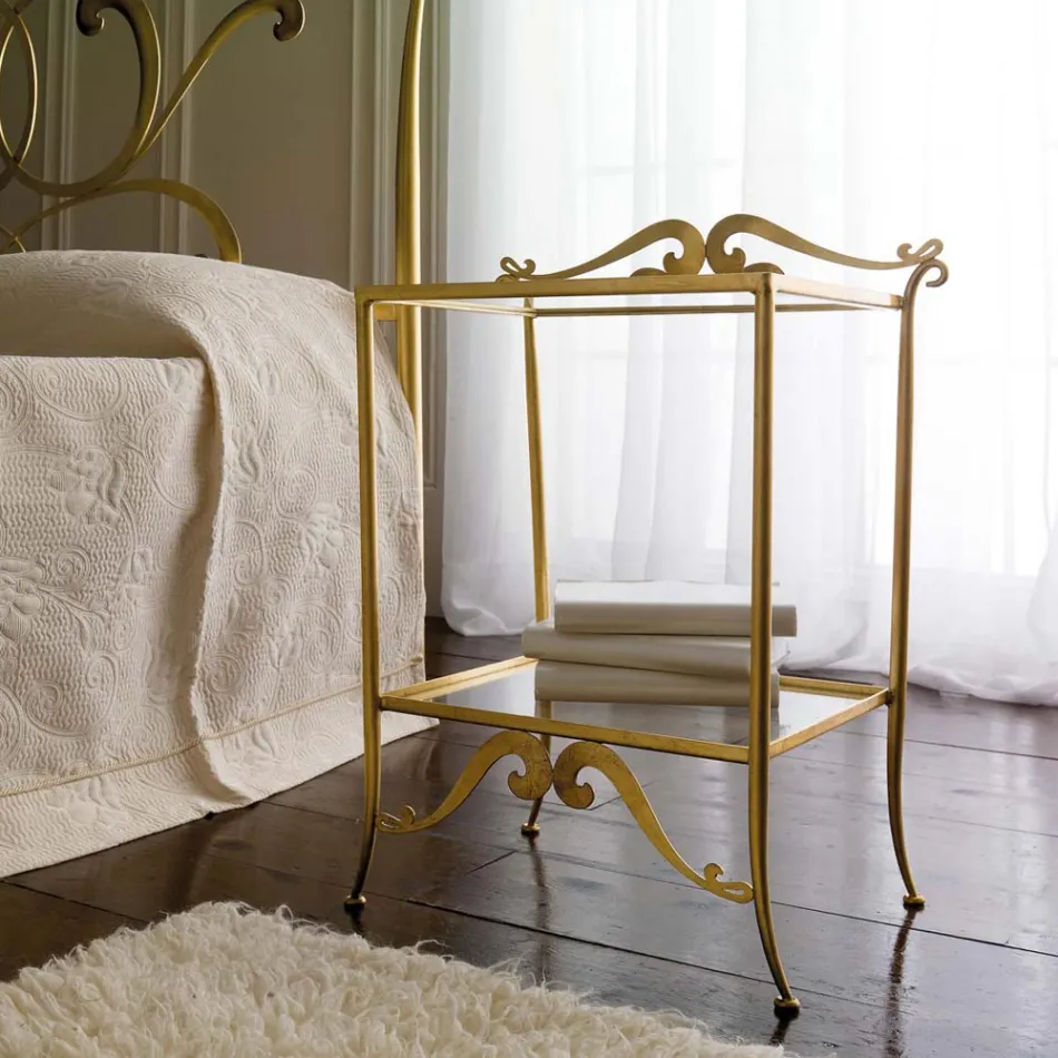 Cama de casal de couro genuíno completa com colchão e 2 mesas de cabeceira - King Viadurini