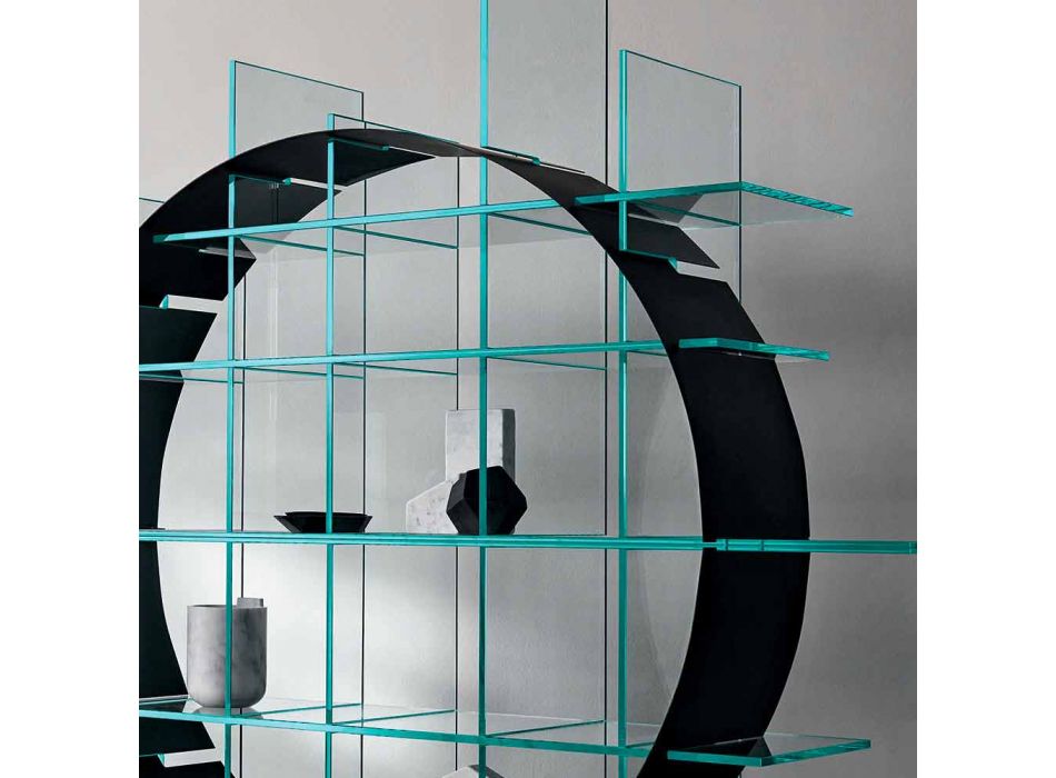 Estante autônoma circular em vidro extraclear e preto escovado - Marco Viadurini
