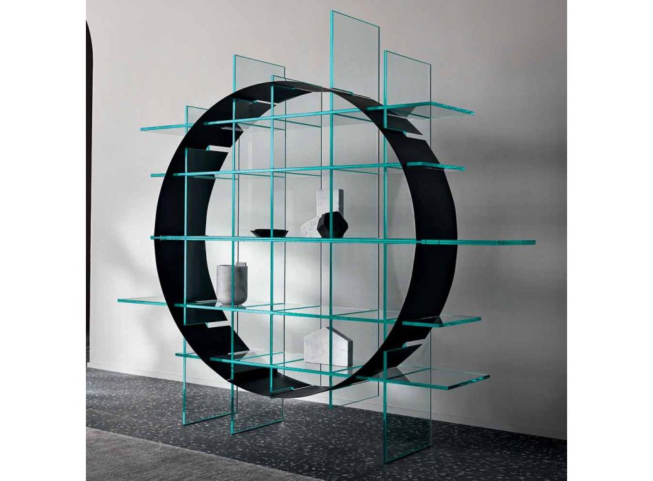 Estante autônoma circular em vidro extraclear e preto escovado - Marco Viadurini