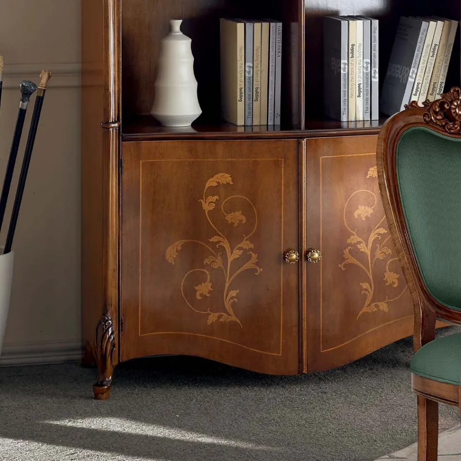 Estante em Madeira de Nogueira Bassano Incrustada com Portas Made in Italy - Commodo Viadurini