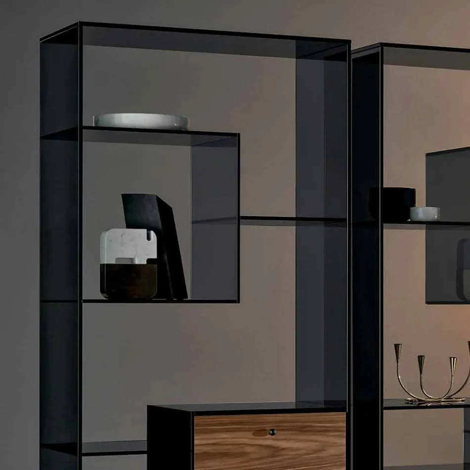 Estante em vidro fumê com Canaletto Walnut Wood Drawer Italian Design - Linzy Viadurini