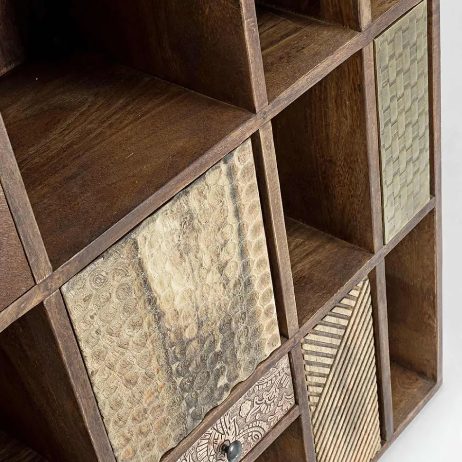 Estante Mango Wood e Gavetas Recicladas com Decoração Homemotion - Auriel Viadurini