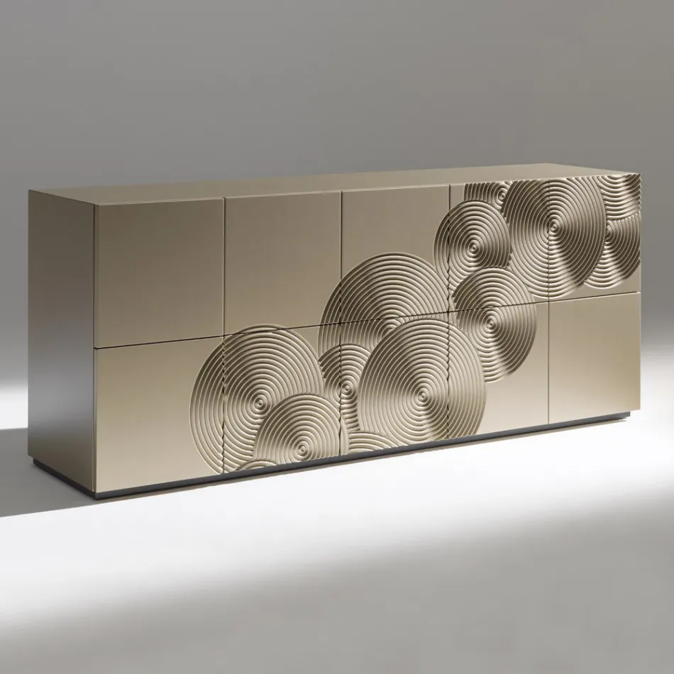 Aparador de 5 portas em MDF laqueado com decoração gravada e acabada à mão - Caranguejo Viadurini