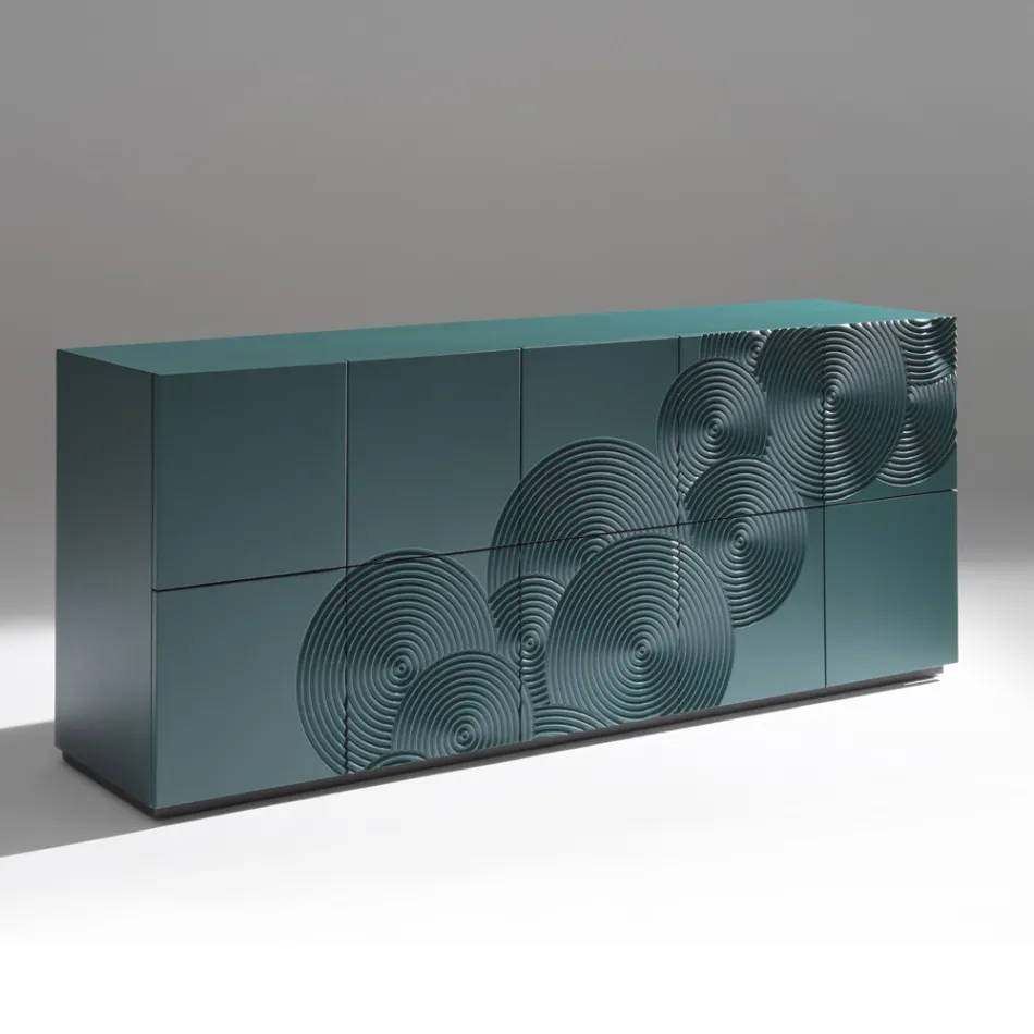 Aparador de 5 portas em MDF laqueado com decoração gravada e acabada à mão - Caranguejo Viadurini