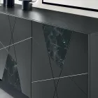 Aparador com 3 portas em MDF laqueado com detalhes em pantógrafo e vidro com efeito mármore - Danila Viadurini