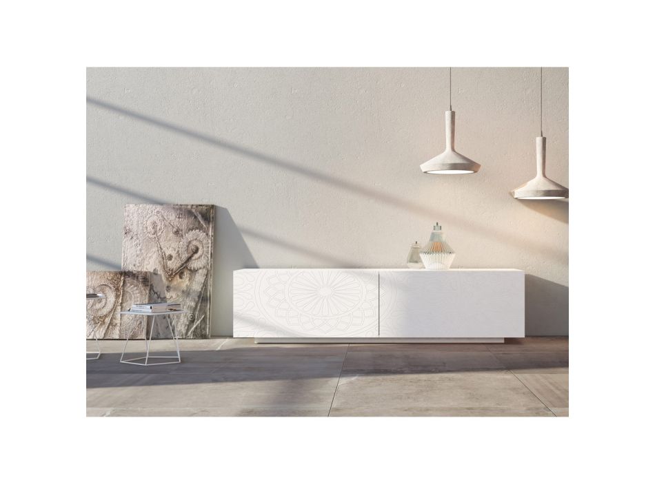 Aparador de Sala em Mdf Branco com Baixo Relevo Made in Italy - Stilea Viadurini