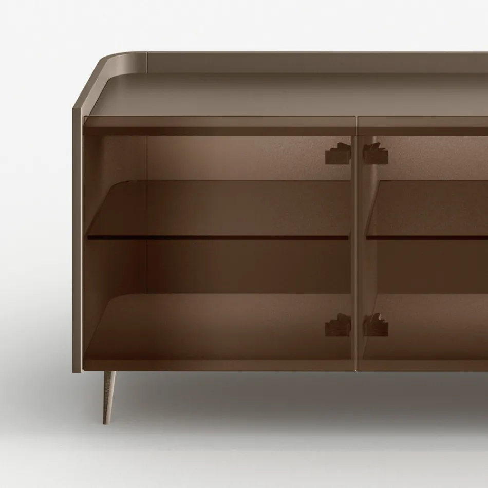 Aparador curvo em madeira laqueada com portas de vidro bronze, fabricado na Itália - Lyra Viadurini