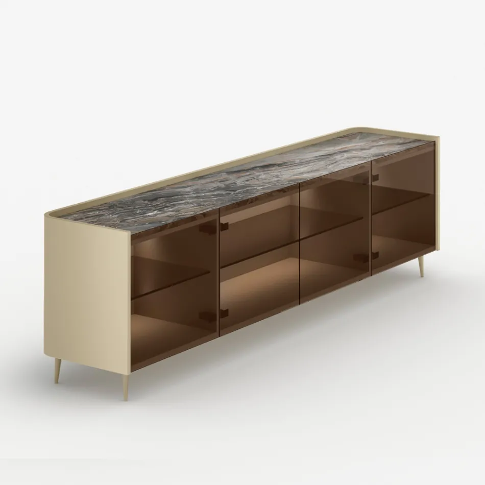Aparador curvo em madeira laqueada com portas de vidro bronze, fabricado na Itália - Lyra Viadurini