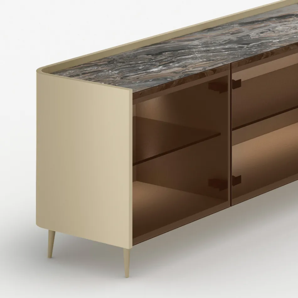 Aparador curvo em madeira laqueada com portas de vidro bronze, fabricado na Itália - Lyra Viadurini