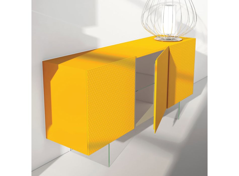 Aparador Mdf Lacado Amarelo com 3 Portas e Pés de Vidro Fabricado na Itália - Ciara Viadurini