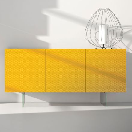 Aparador Mdf Lacado Amarelo com 3 Portas e Pés de Vidro Fabricado na Itália - Ciara Viadurini