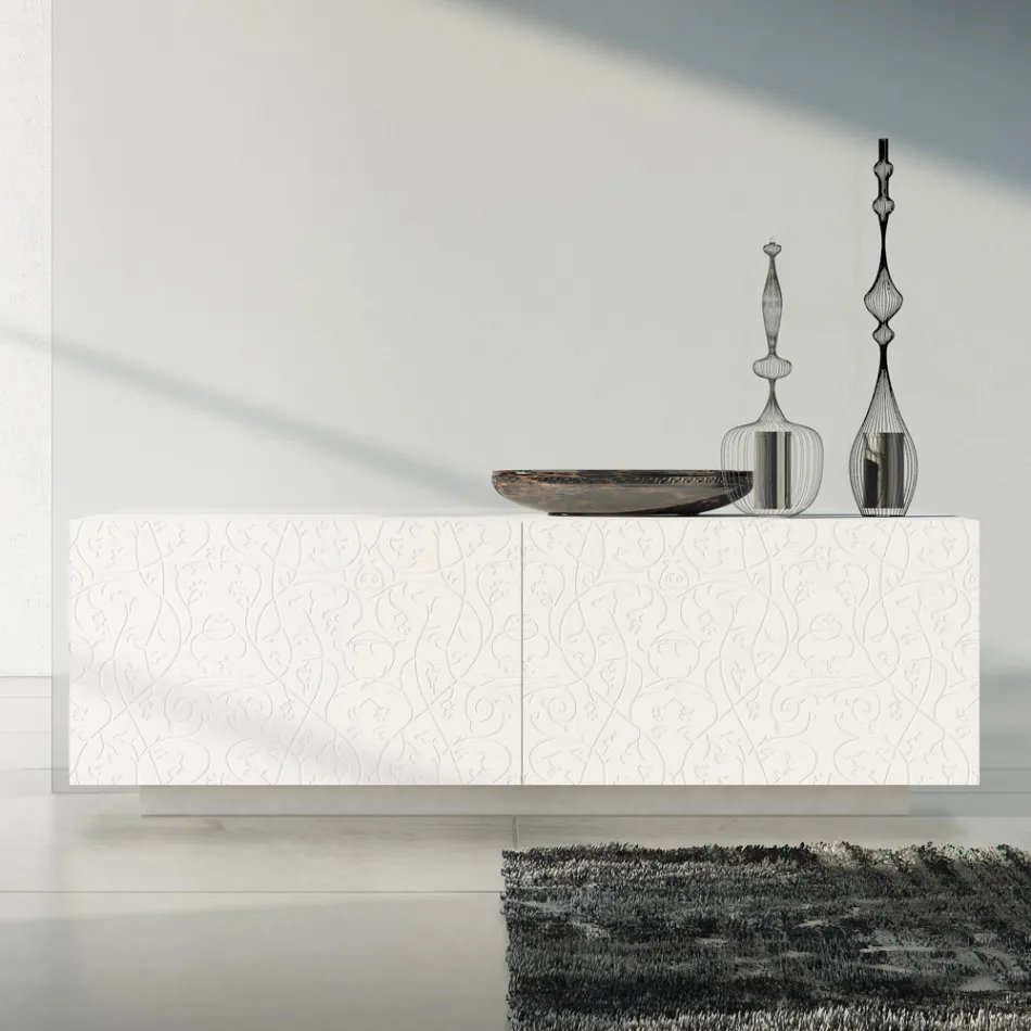 Aparador de sala em Mdf Lacado Branco com Baixo Relevo Made in Italy - Acqua Viadurini
