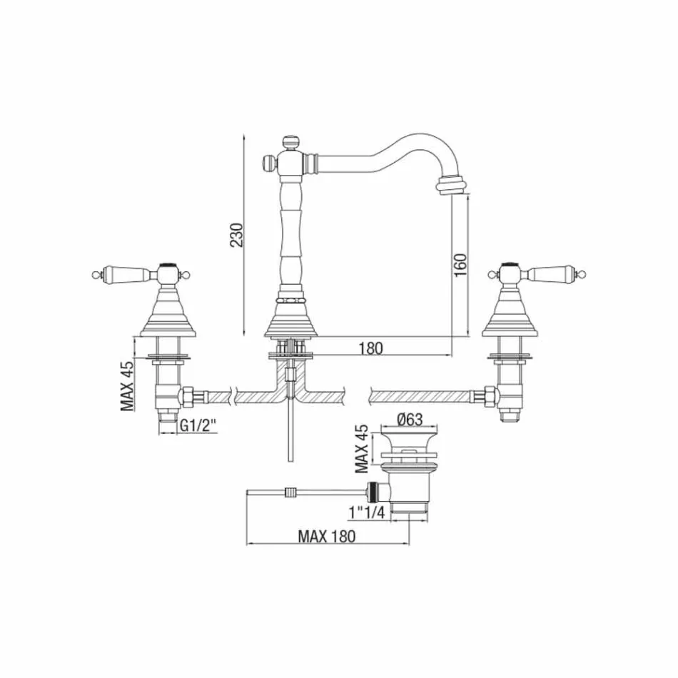 Misturador clássico de latão com 3 furos feito na Itália - Shelly Viadurini