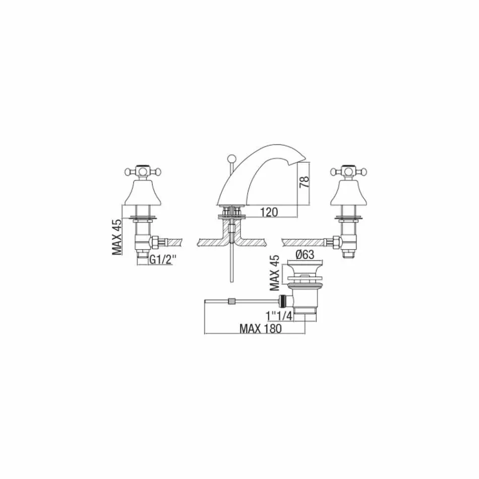 Misturador para lavatório com 3 furos de design clássico em latão feito na Itália - Lisca Viadurini