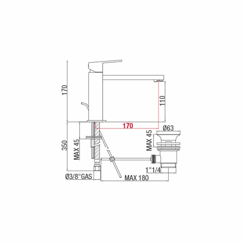 Misturador para lavatório com bico 170 mm de distância ao centro Made in Italy - Medida Viadurini