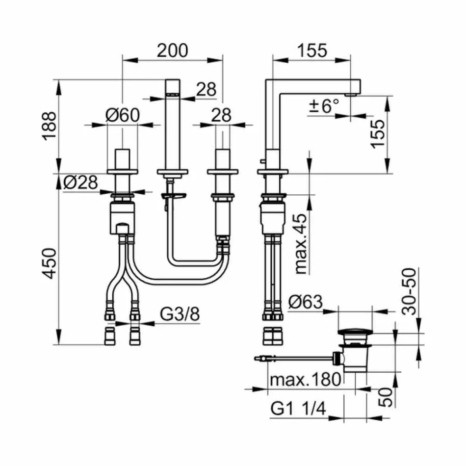 Misturador moderno para pia de banheiro de metal cromado com três furos - Girino Viadurini