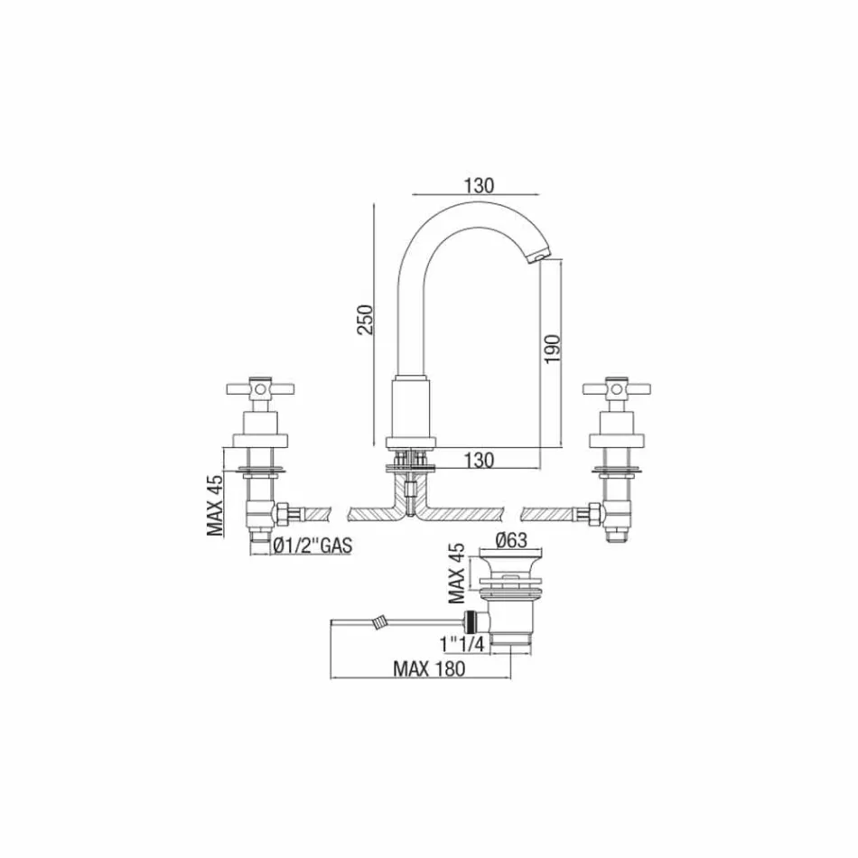 Misturador Moderno para Lavatório com Ralo em Latão Cromado Made in Italy - Liro Viadurini