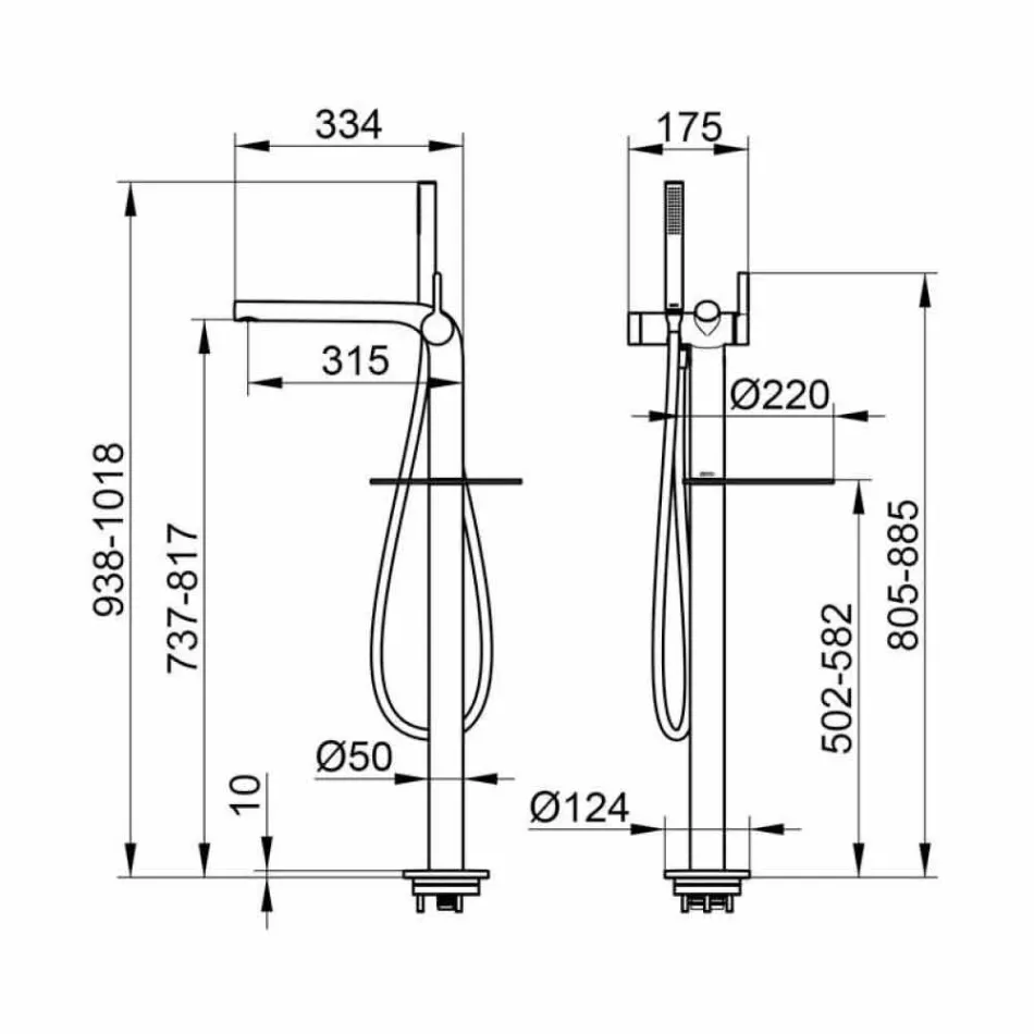 Misturador para banheira moderno monocomando com chuveiro de metal - Pinto Viadurini